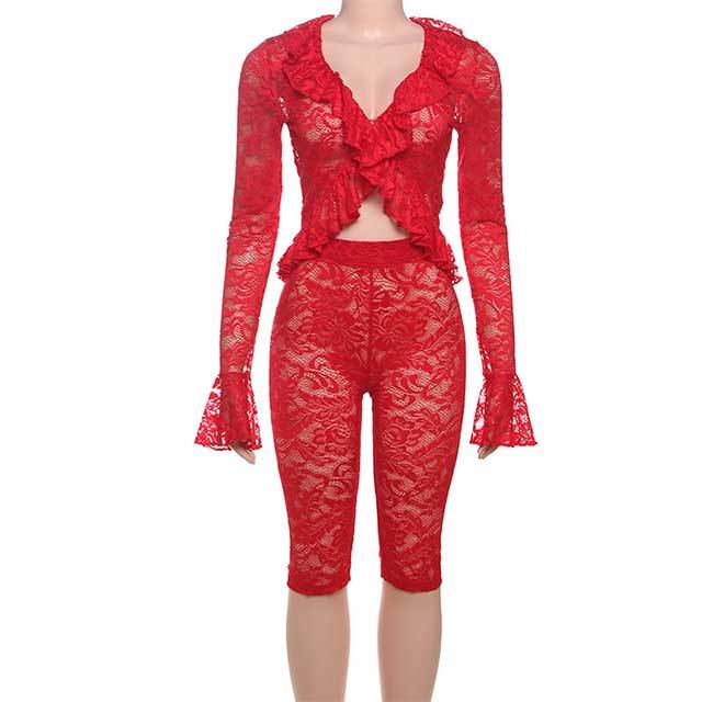 See Through Lace Bell Sleeve Top Tight Knee Short Set