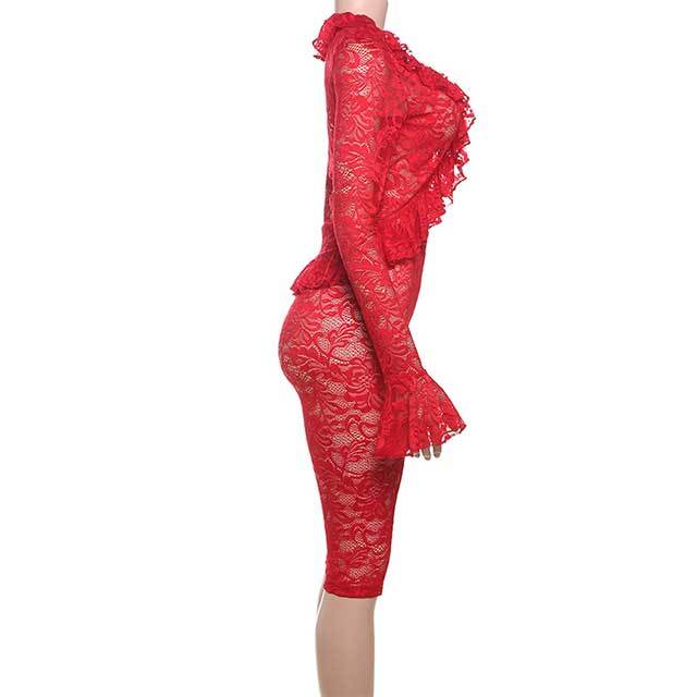 See Through Lace Bell Sleeve Top Tight Knee Short Set