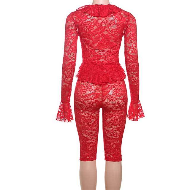 See Through Lace Bell Sleeve Top Tight Knee Short Set