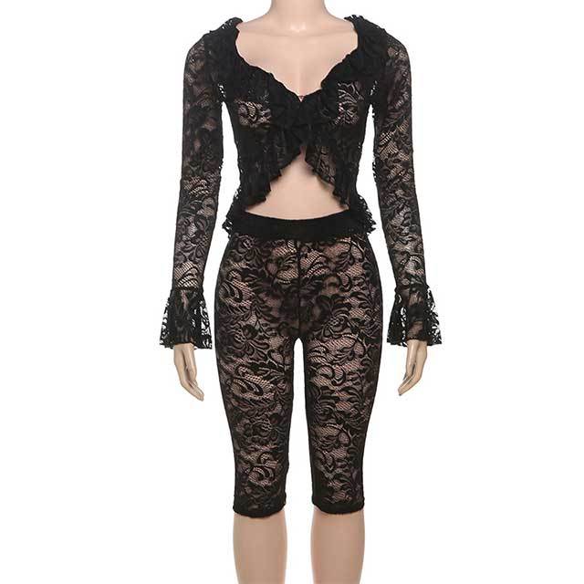 See Through Lace Bell Sleeve Top Tight Knee Short Set