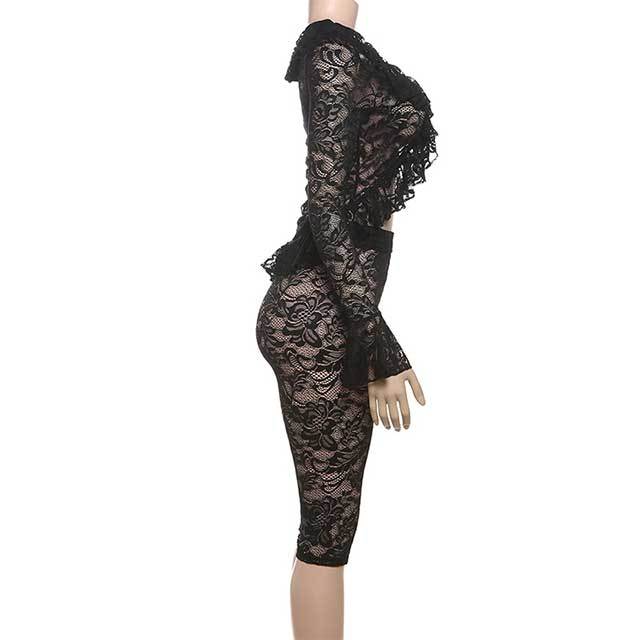 See Through Lace Bell Sleeve Top Tight Knee Short Set