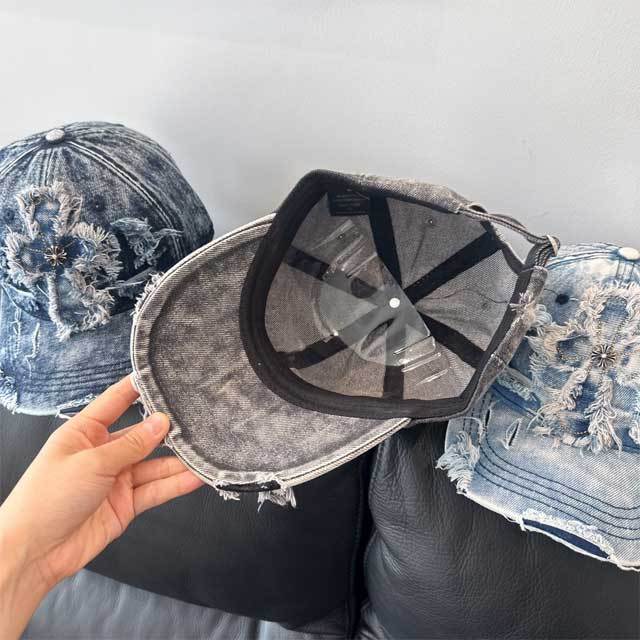 Washed Denim Ripped Baseball Caps