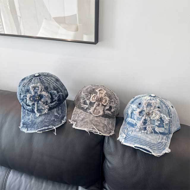 Washed Denim Ripped Baseball Caps