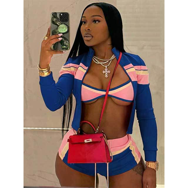 Striped Printed Jacket Top Laced Up Mini Short Set 3 Pieces