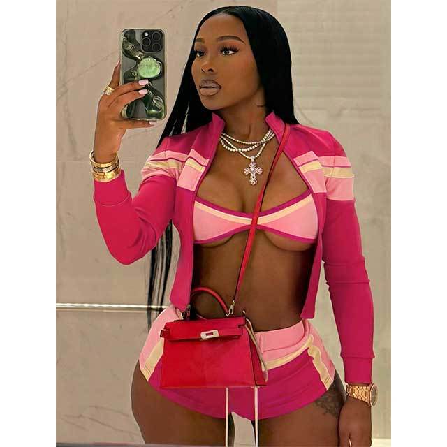Striped Printed Jacket Top Laced Up Mini Short Set 3 Pieces