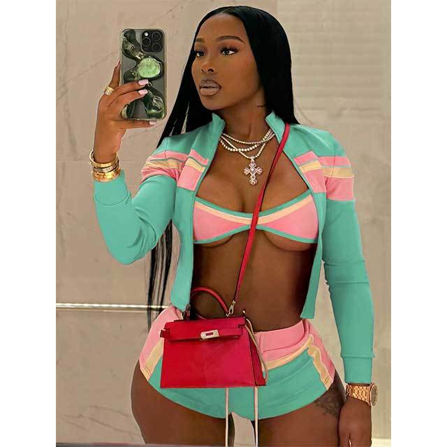 Striped Printed Jacket Top Laced Up Mini Short Set 3 Pieces