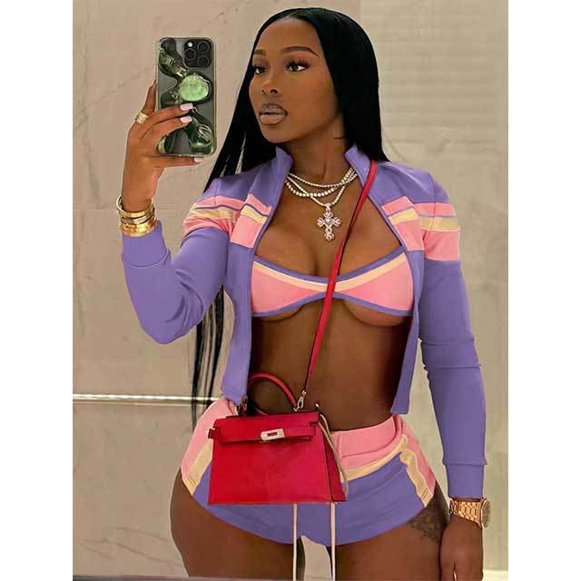Striped Printed Jacket Top Laced Up Mini Short Set 3 Pieces