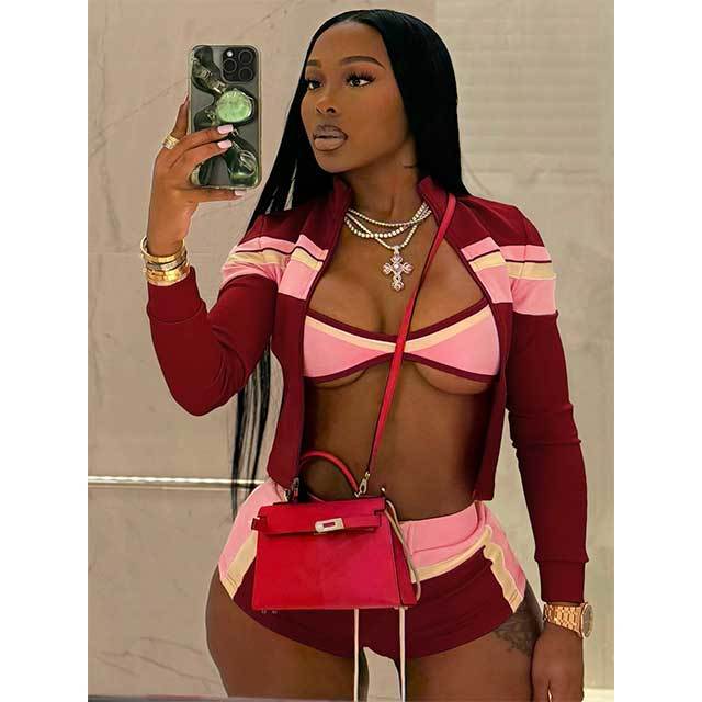 Striped Printed Jacket Top Laced Up Mini Short Set 3 Pieces