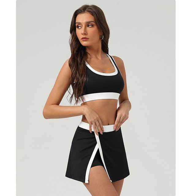 Contrast Color Sports Bra Tennis Skirt Set