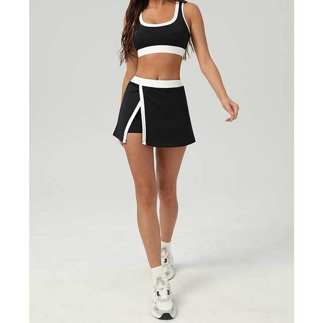 Contrast Color Sports Bra Tennis Skirt Set