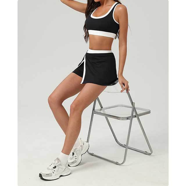 Contrast Color Sports Bra Tennis Skirt Set