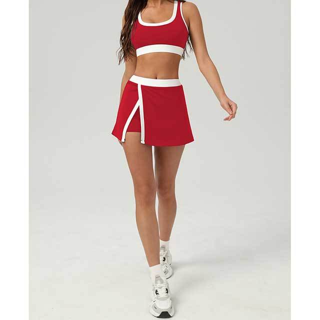 Contrast Color Sports Bra Tennis Skirt Set