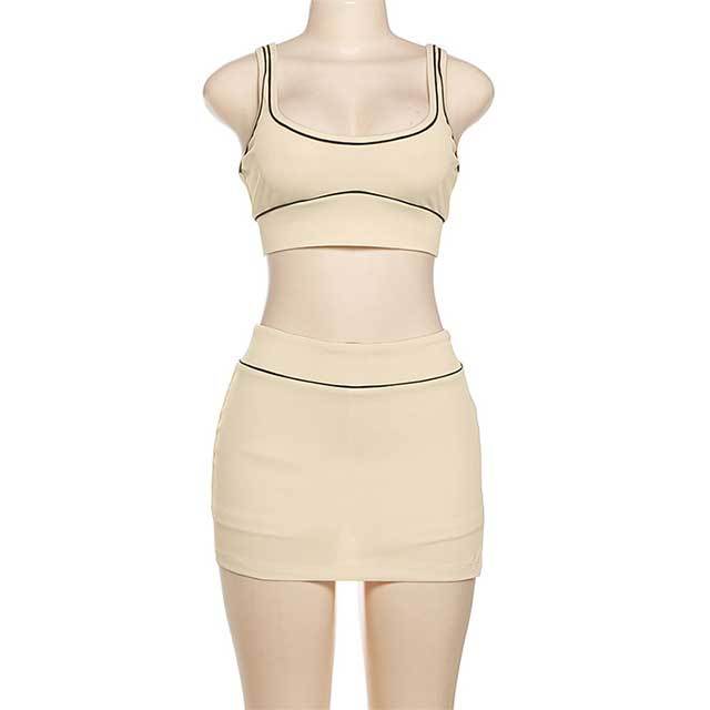 Contrast Color Tank Top Skinny Mini Skirt Set