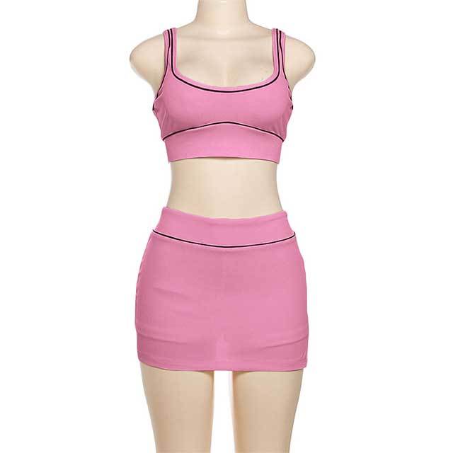 Contrast Color Tank Top Skinny Mini Skirt Set