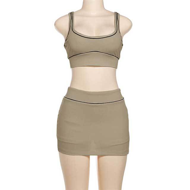 Contrast Color Tank Top Skinny Mini Skirt Set