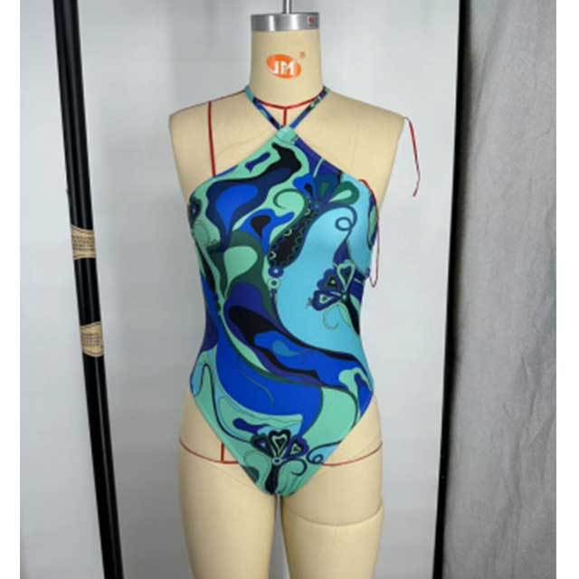 Printed Fashion Halter Neck One Piece Swimwear Scarf Set