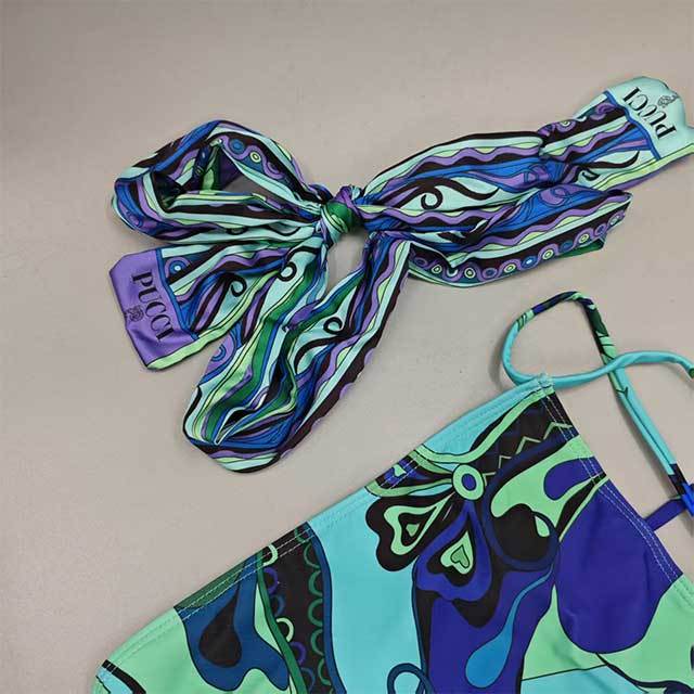 Printed Fashion Halter Neck One Piece Swimwear Scarf Set
