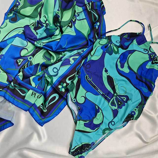 Printed Fashion Halter Neck One Piece Swimwear Scarf Set