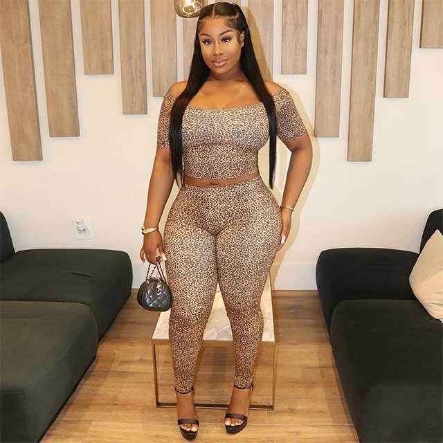 Leopard Printed Off Shoulder Cropped Top Tight Pant Set