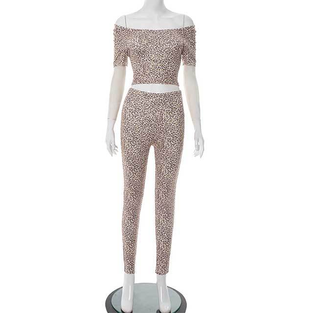 Leopard Printed Off Shoulder Cropped Top Tight Pant Set