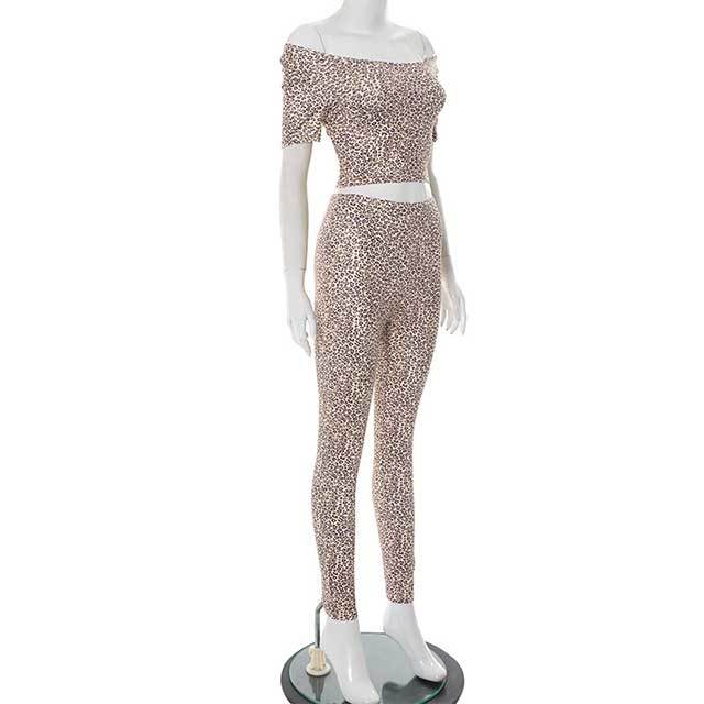 Leopard Printed Off Shoulder Cropped Top Tight Pant Set
