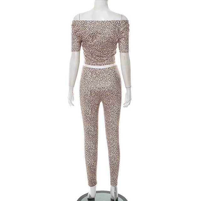 Leopard Printed Off Shoulder Cropped Top Tight Pant Set