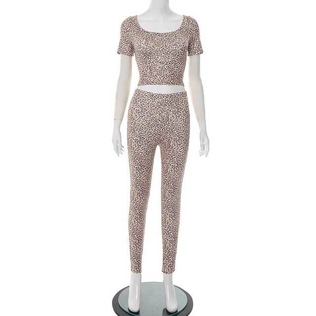 Leopard Printed Off Shoulder Cropped Top Tight Pant Set