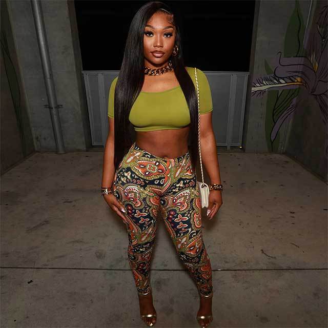 U Neckline Cropped Top Printed Skinny Legging Set