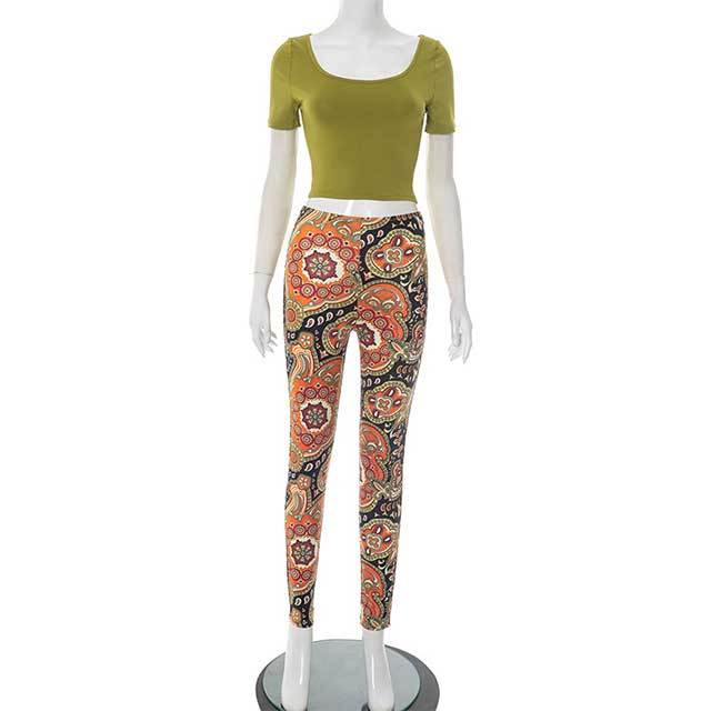 U Neckline Cropped Top Printed Skinny Legging Set