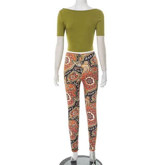 U Neckline Cropped Top Printed Skinny Legging Set