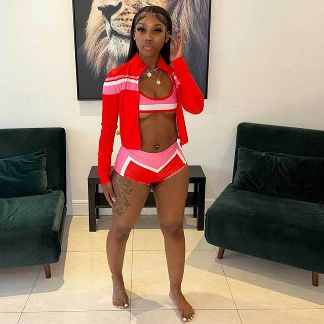 Colorblock Halter Neck Bra Top Mini Short Set 3 Pieces