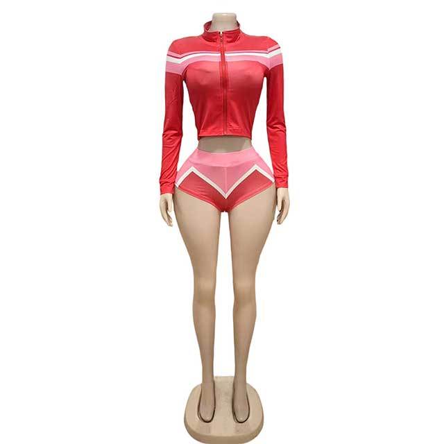 Colorblock Halter Neck Bra Top Mini Short Set 3 Pieces