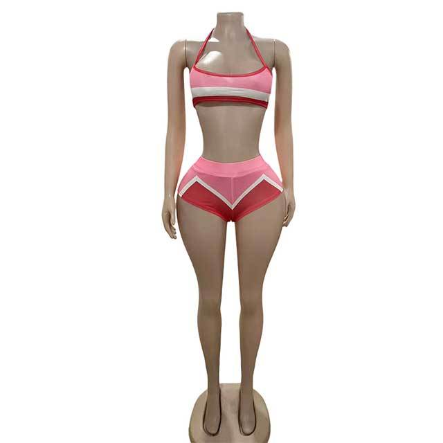 Colorblock Halter Neck Bra Top Mini Short Set 3 Pieces
