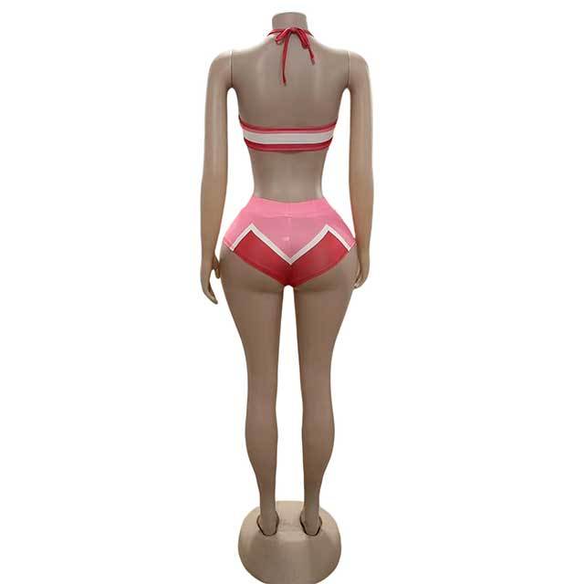 Colorblock Halter Neck Bra Top Mini Short Set 3 Pieces