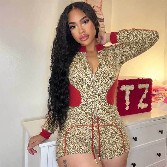 Leopard Printed Color Block Jacket Top 2 Pieces Short Set