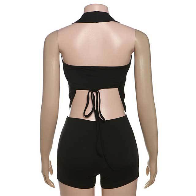 Solid Color Halter Neck Backless Short Set