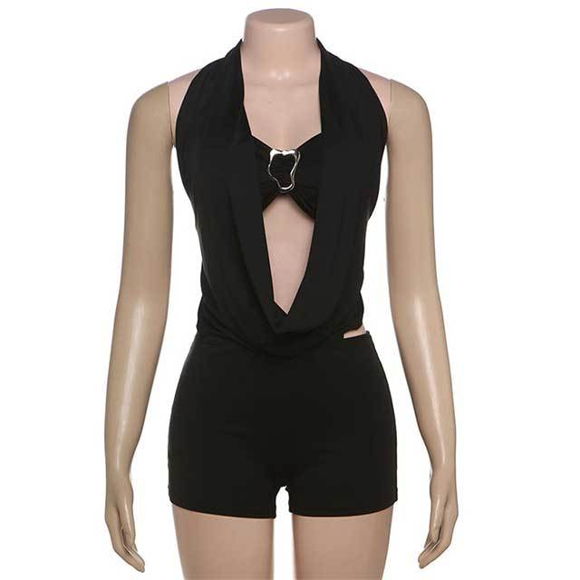 Solid Color Halter Neck Backless Short Set
