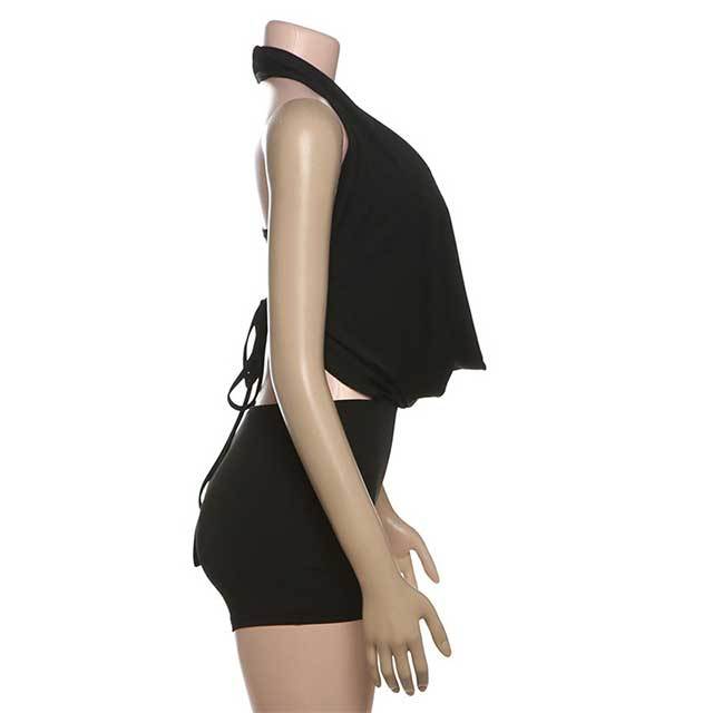 Solid Color Halter Neck Backless Short Set