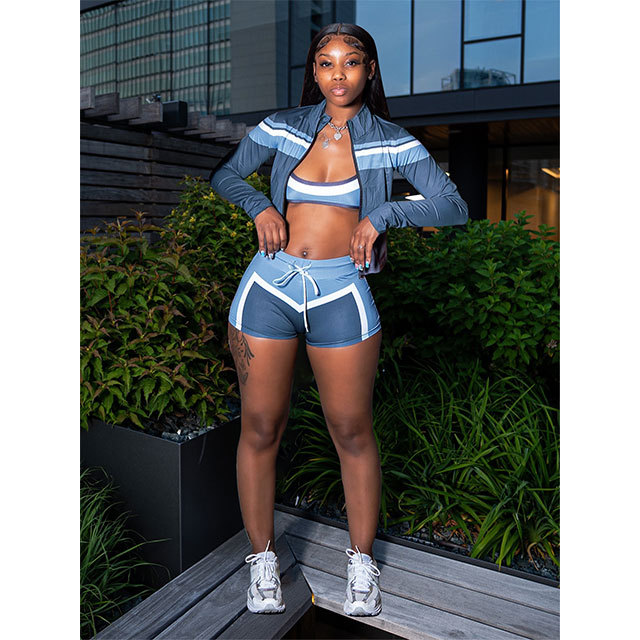 Contrast Color Long Sleeve Jacket Laced-up Slim Short Set 3 Pieces