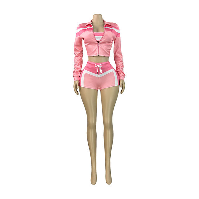 Contrast Color Long Sleeve Jacket Laced-up Slim Short Set 3 Pieces