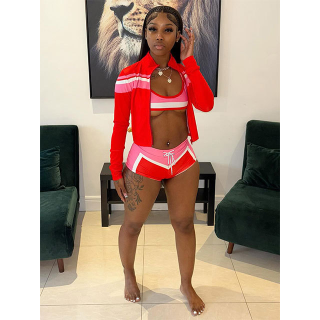Contrast Color Long Sleeve Jacket Laced-up Slim Short Set 3 Pieces
