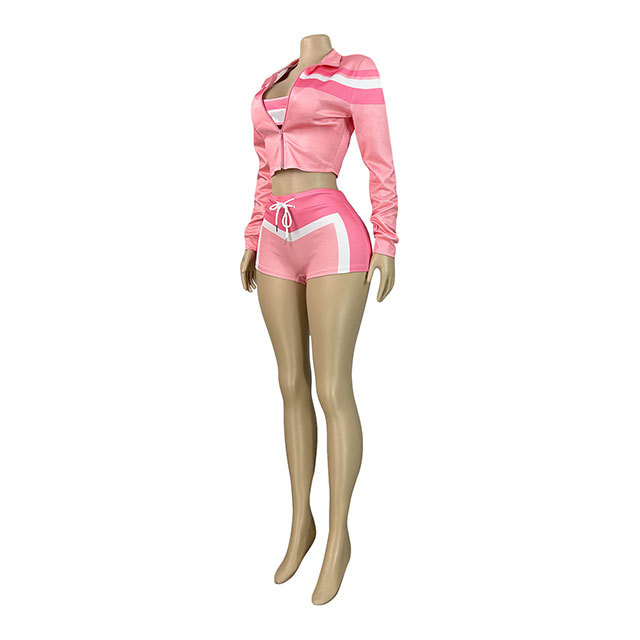 Contrast Color Long Sleeve Jacket Laced-up Slim Short Set 3 Pieces