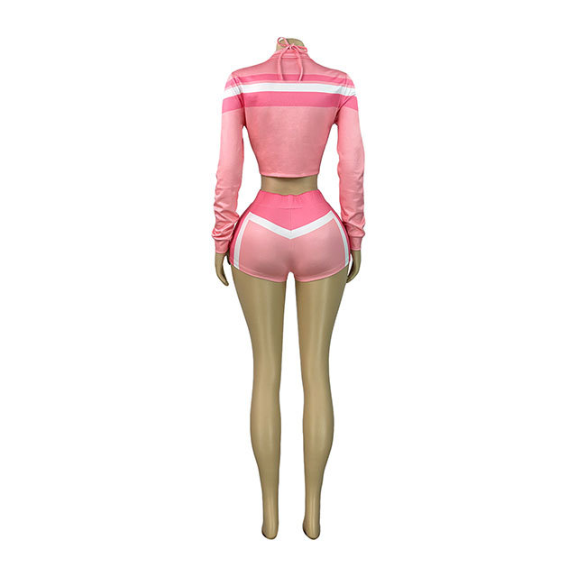 Contrast Color Long Sleeve Jacket Laced-up Slim Short Set 3 Pieces