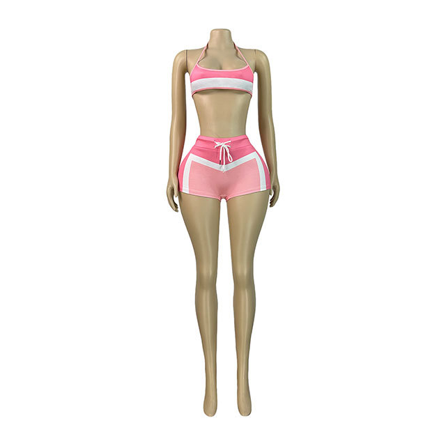 Contrast Color Long Sleeve Jacket Laced-up Slim Short Set 3 Pieces