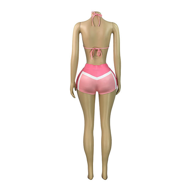 Contrast Color Long Sleeve Jacket Laced-up Slim Short Set 3 Pieces