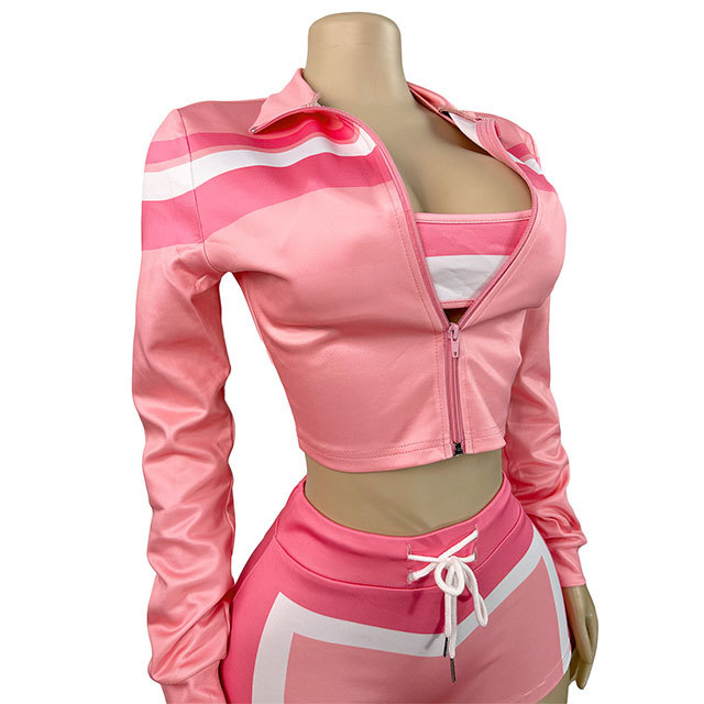 Contrast Color Long Sleeve Jacket Laced-up Slim Short Set 3 Pieces