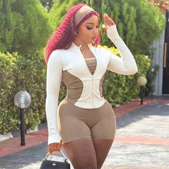 Colorblock Long Sleeve Zipper Up Jacket Top Slim Fit Short Set