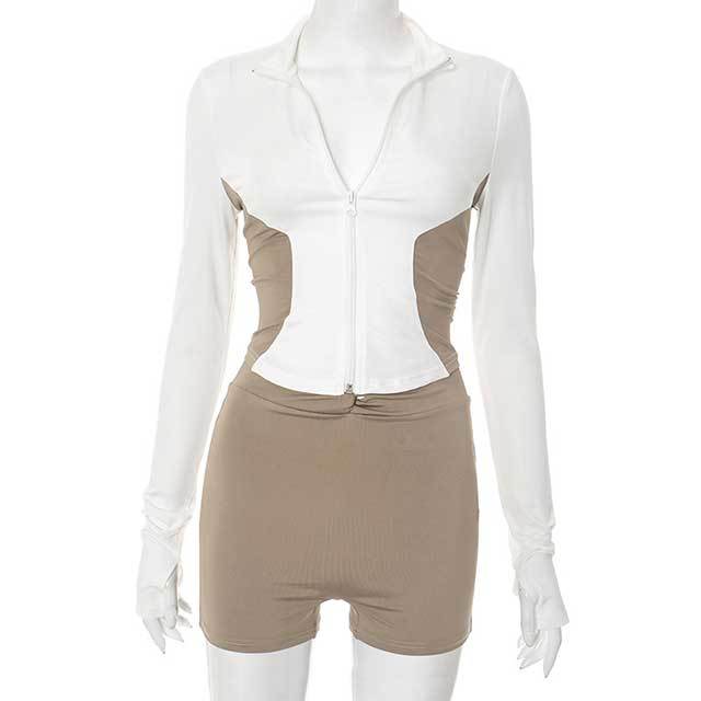 Colorblock Long Sleeve Zipper Up Jacket Top Slim Fit Short Set
