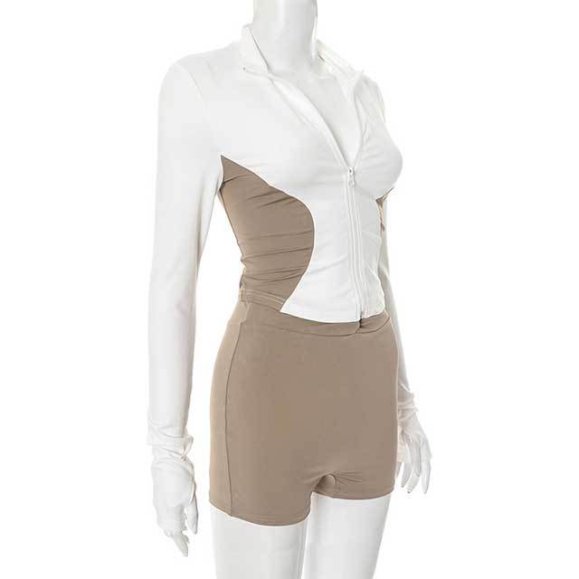 Colorblock Long Sleeve Zipper Up Jacket Top Slim Fit Short Set
