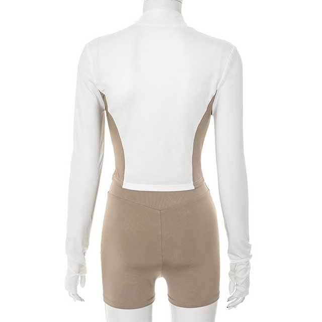 Colorblock Long Sleeve Zipper Up Jacket Top Slim Fit Short Set